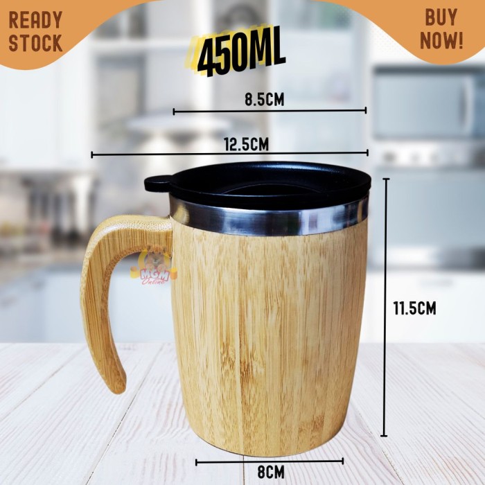MUG Kantor stainless bamboo 450ml gelas air bambu dengan tutup GAGANG - Image 3