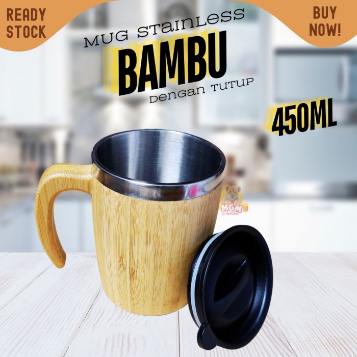 MUG Kantor stainless bamboo 450ml gelas air bambu dengan tutup GAGANG - Image 2