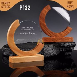 P132 Plakat kristal dengan kayu 19cm Trophy Crystal kaca Piala kejuaraan Bulat