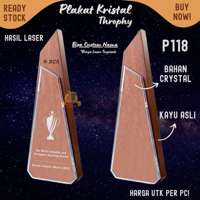 P118 Plakat kristal dengan kayu 27cm Trophy Crystal kaca Piala kejuaraan