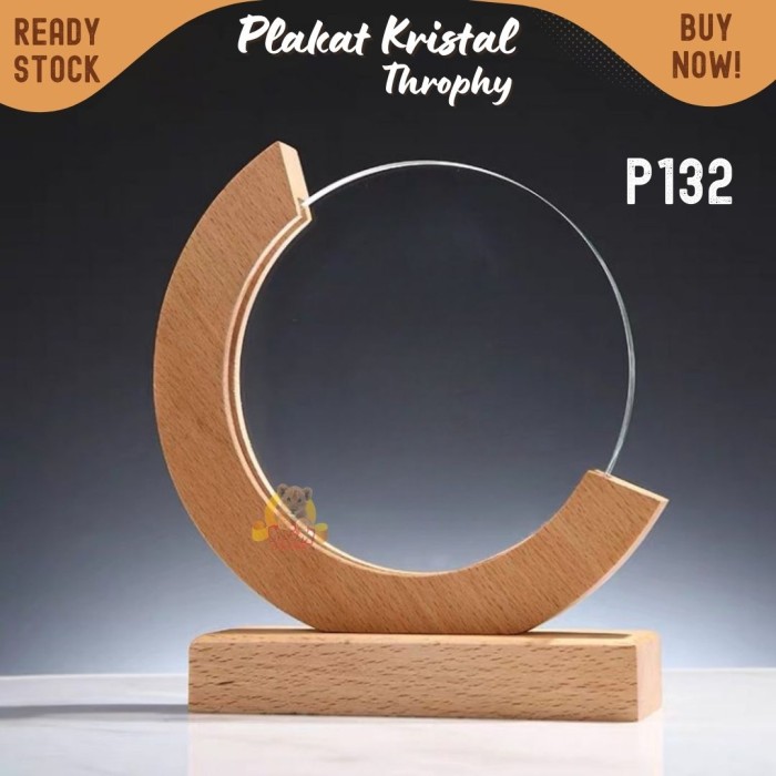 P132 Plakat kristal dengan kayu 19cm Trophy Crystal kaca Piala kejuaraan Bulat - Image 2