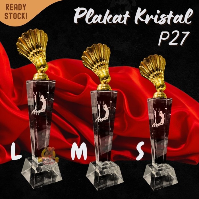 P27-S Plakat kristal badminton 27cm tinggi Crystal kaca Piala medali - Image 2