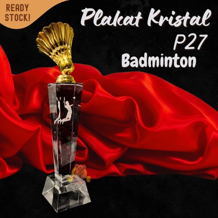P27-S Plakat kristal badminton 27cm tinggi Crystal kaca Piala medali - Image 3