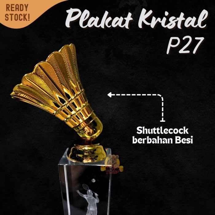 P27-S Plakat kristal badminton 27cm tinggi Crystal kaca Piala medali - Image 4