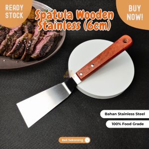 teppanyaki spatula stainless lebar 6cm gagang Kayu sodet martabak piza