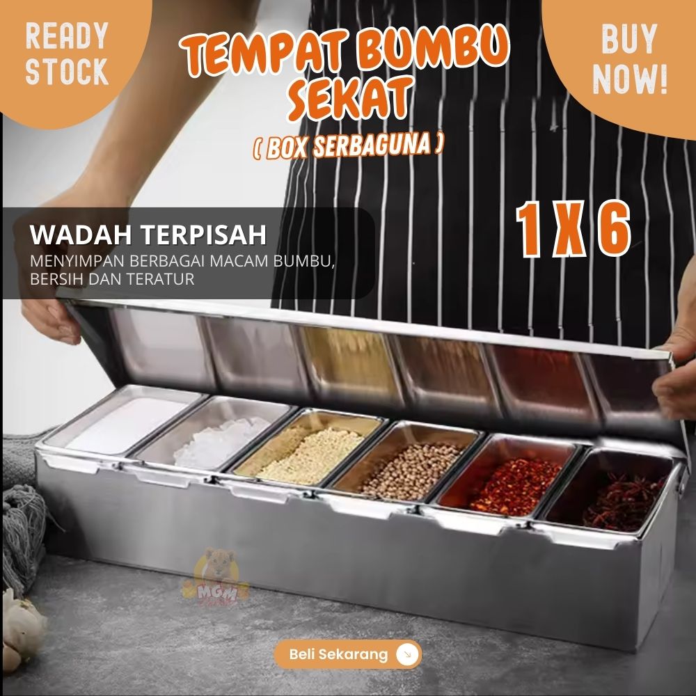 Tempat bumbu stainless 1x6 sekat segipanjang 450ml x6 dengan tutup - Image 2