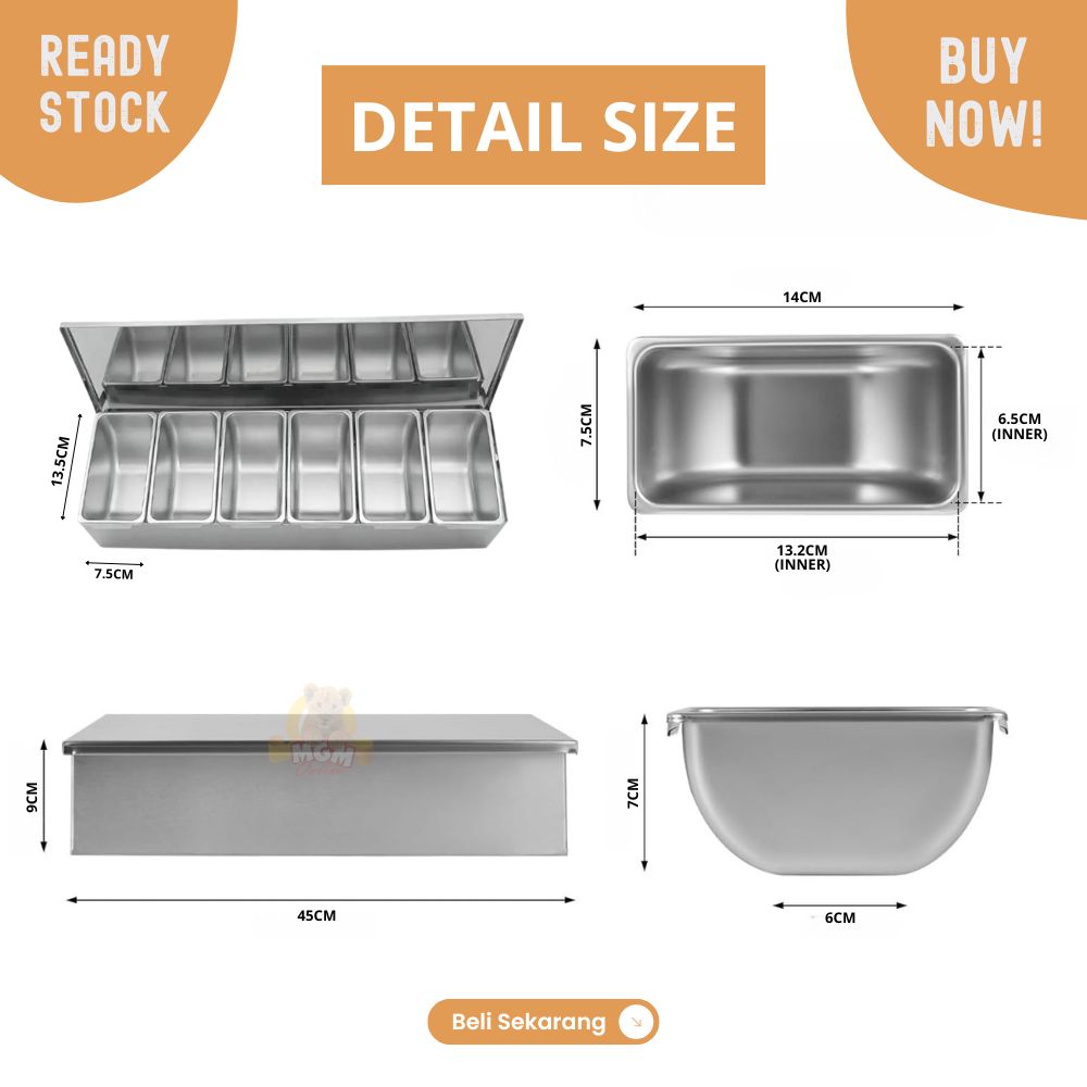 Tempat bumbu stainless 1x6 sekat segipanjang 450ml x6 dengan tutup - Image 6
