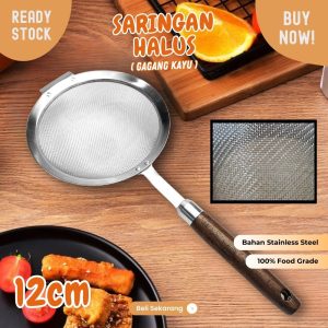 Saringan minyak 14cm halus stainless dengan gagang kayu KUAT NON PANAS