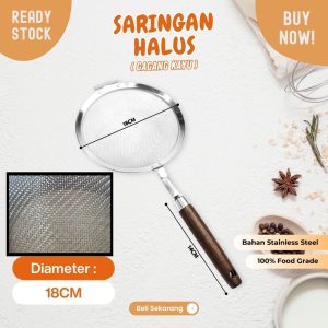 Saringan minyak 18cm halus stainless dengan gagang kayu KUAT NON PANAS