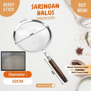 Saringan minyak 22cm halus stainless dengan gagang kayu KUAT NON PANAS