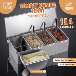 Tempat bumbu stainless 1x4 sekat segipanjang 450ml x4 dengan tutup