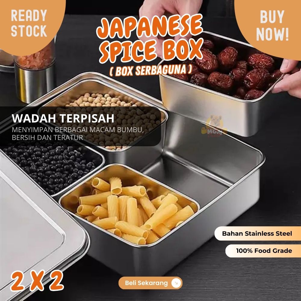 Tempat bumbu stainless 2x2 sekat Kotak 650ml x4 dengan tutup - Image 2