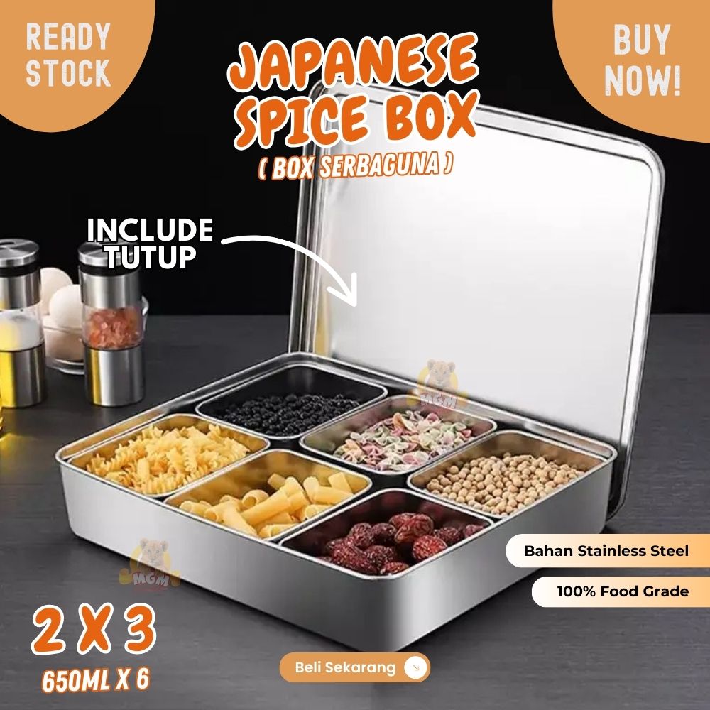 Tempat bumbu stainless 2x3 sekat Kotak 650ml x6 dengan tutup