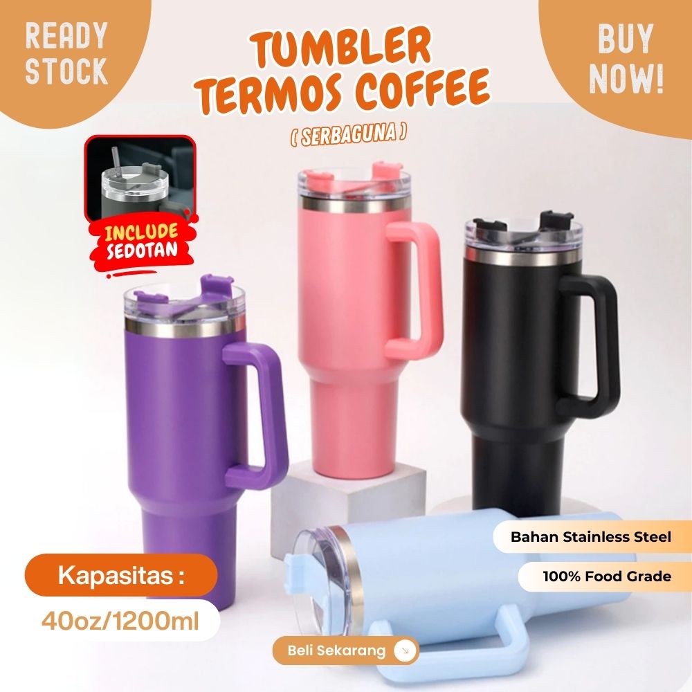 mug tumbler 40oz jumbo 1200ml tahan panas dan dingin dengan sedotan