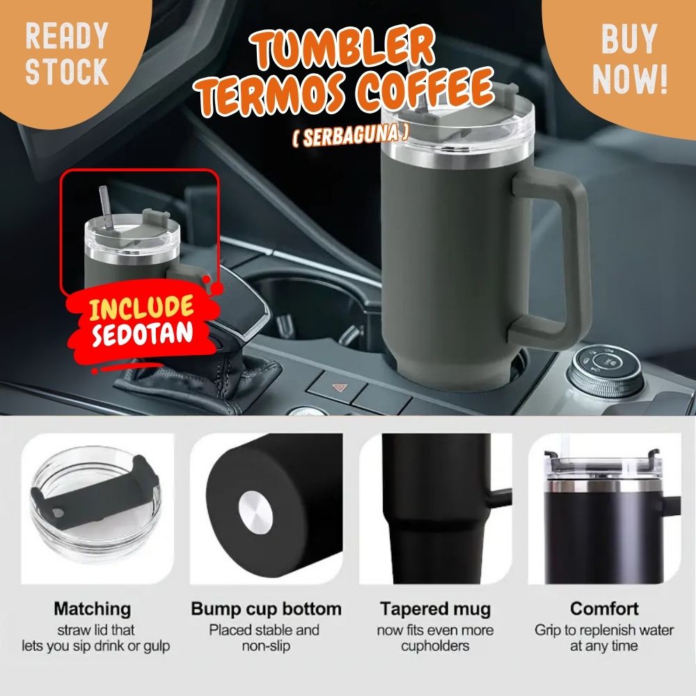 mug tumbler 40oz jumbo 1200ml tahan panas dan dingin dengan sedotan - Image 3