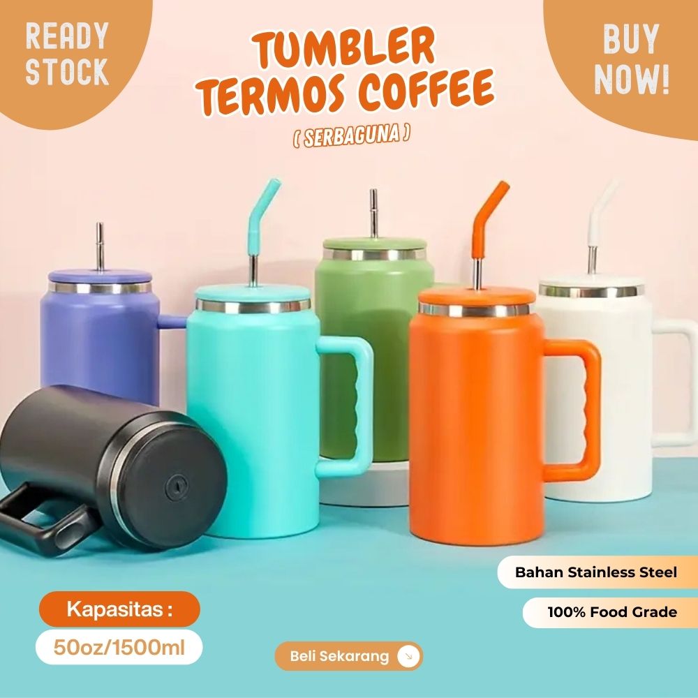 mug tumbler 50oz jumbo 1500ml tahan panas dan dingin dengan sedotan