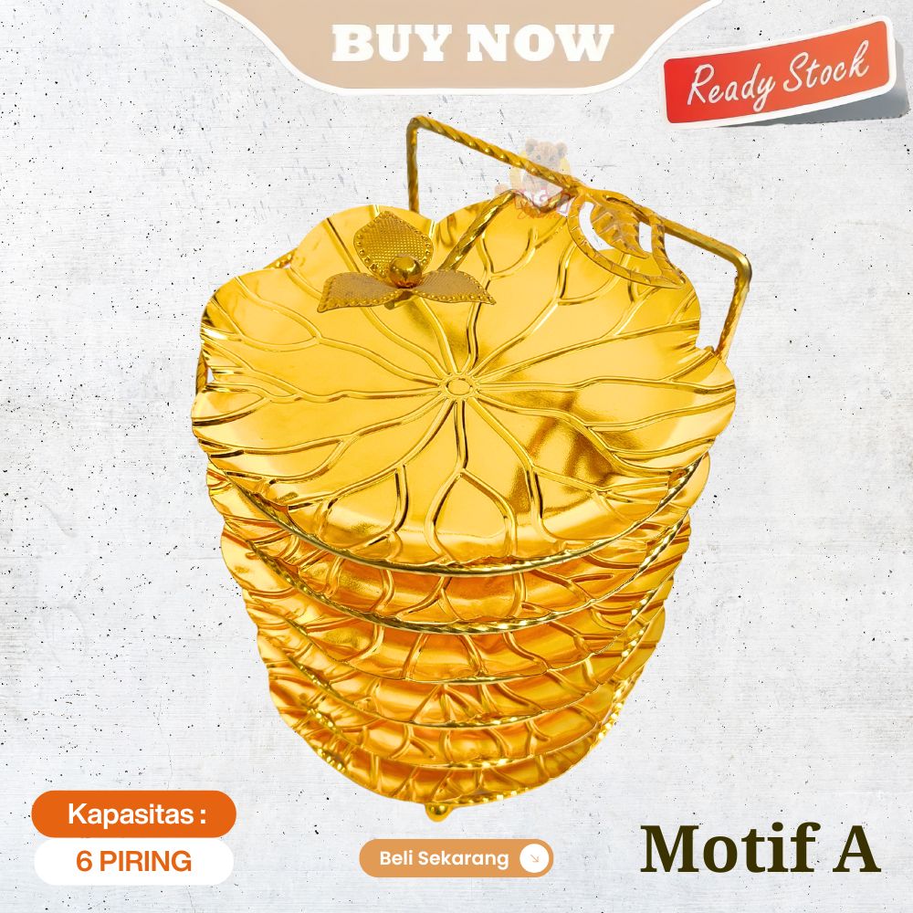 Piring Buah kurma Stainless Emas 15cm 6pc dengan Stand kue permen - Motif A