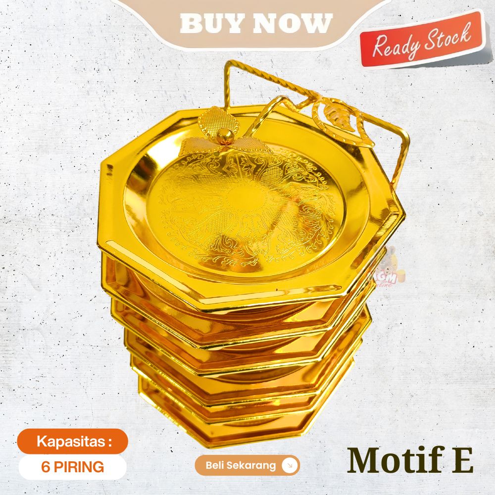Piring Buah kurma Stainless Emas 15cm 6pc dengan Stand kue permen - Motif E