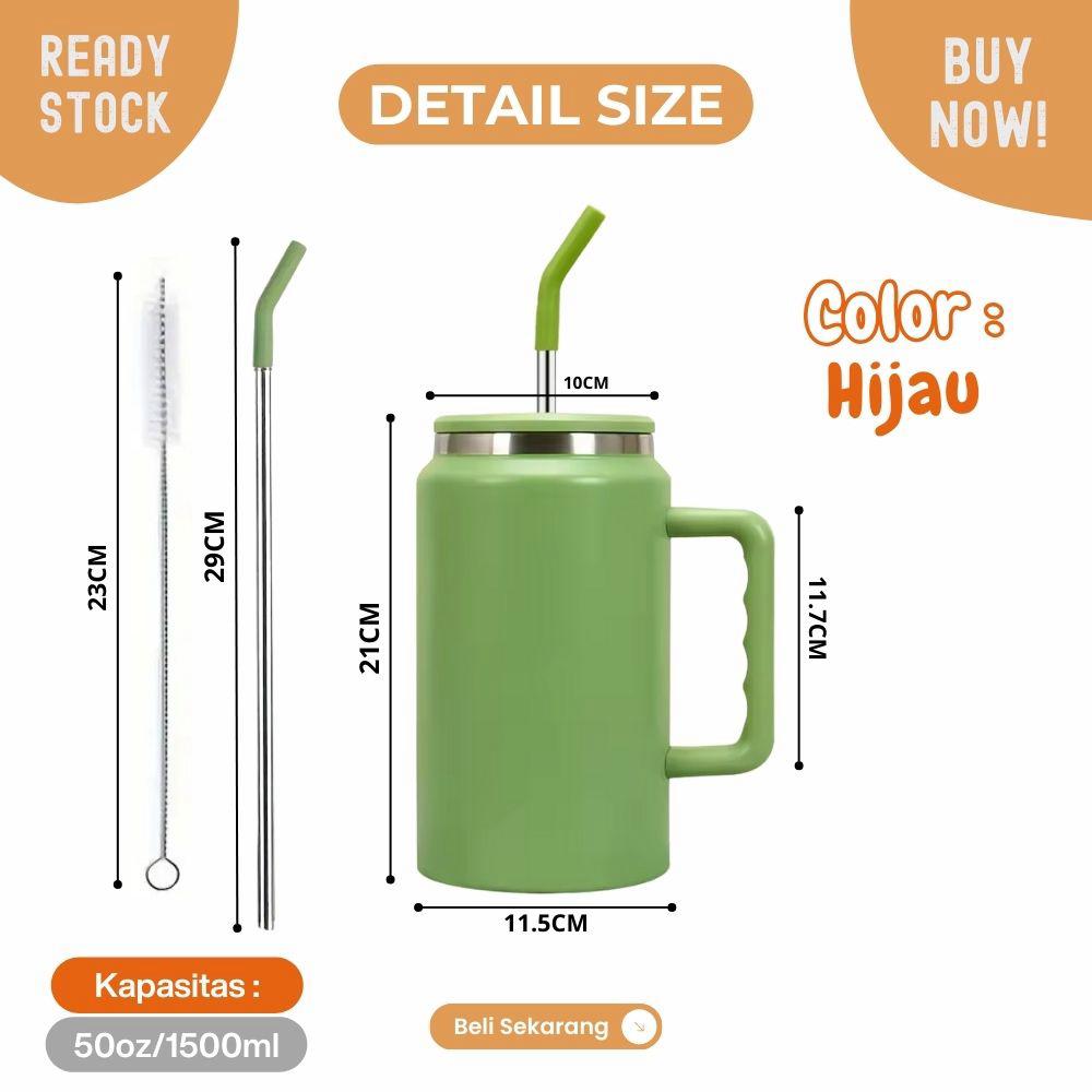 mug tumbler 50oz jumbo 1500ml tahan panas dan dingin dengan sedotan - Image 8