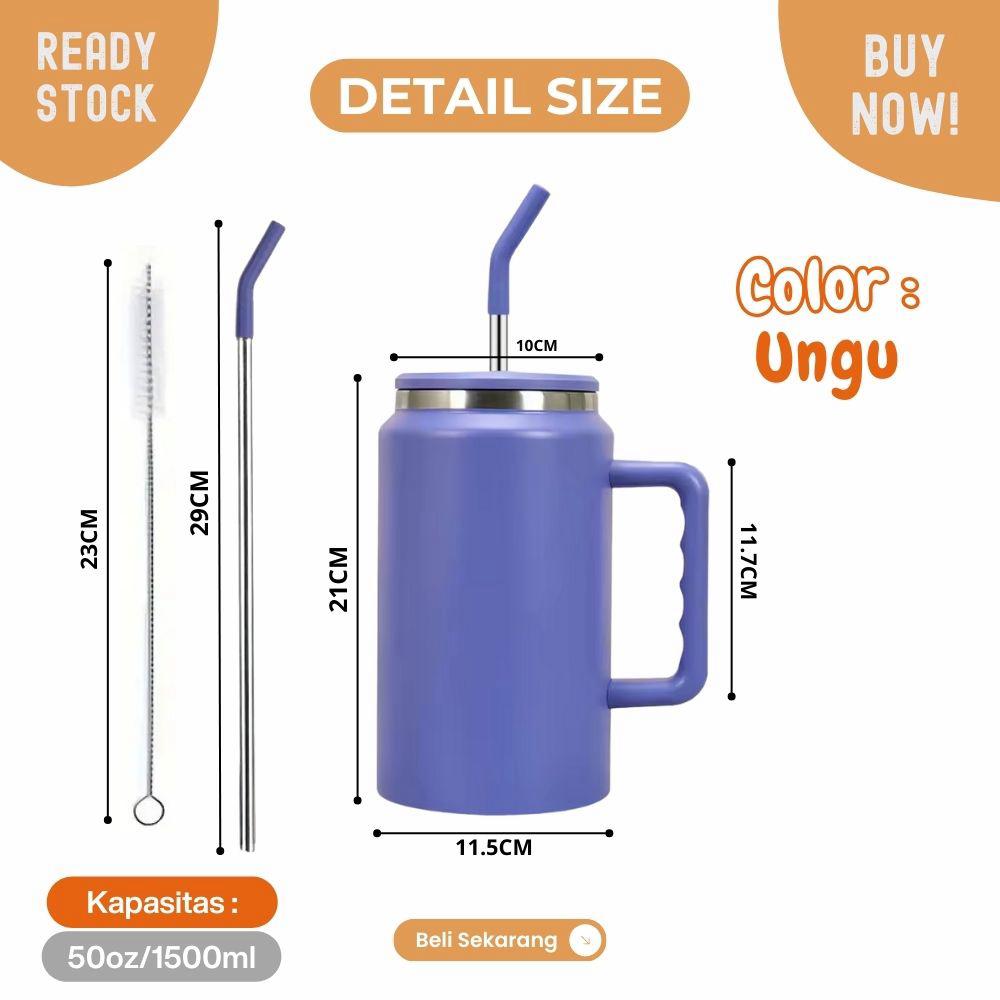 mug tumbler 50oz jumbo 1500ml tahan panas dan dingin dengan sedotan - Image 7