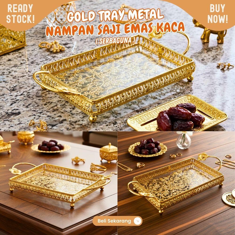 LUXURY nampan kaca Emas dengan handle tempat saji 30x15cm tempat sendok emas cocok untuk acara