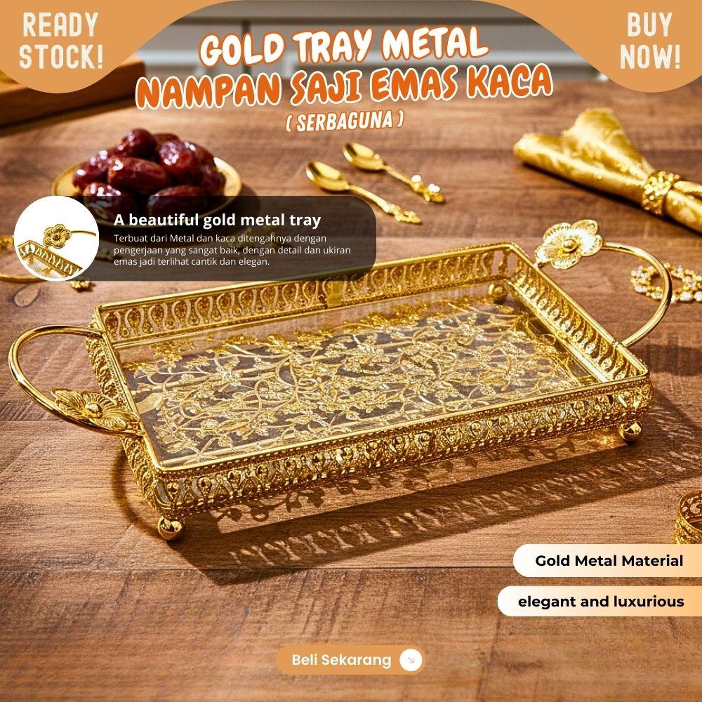 LUXURY nampan kaca Emas dengan handle tempat saji 30x15cm tempat sendok emas cocok untuk acara - Image 3