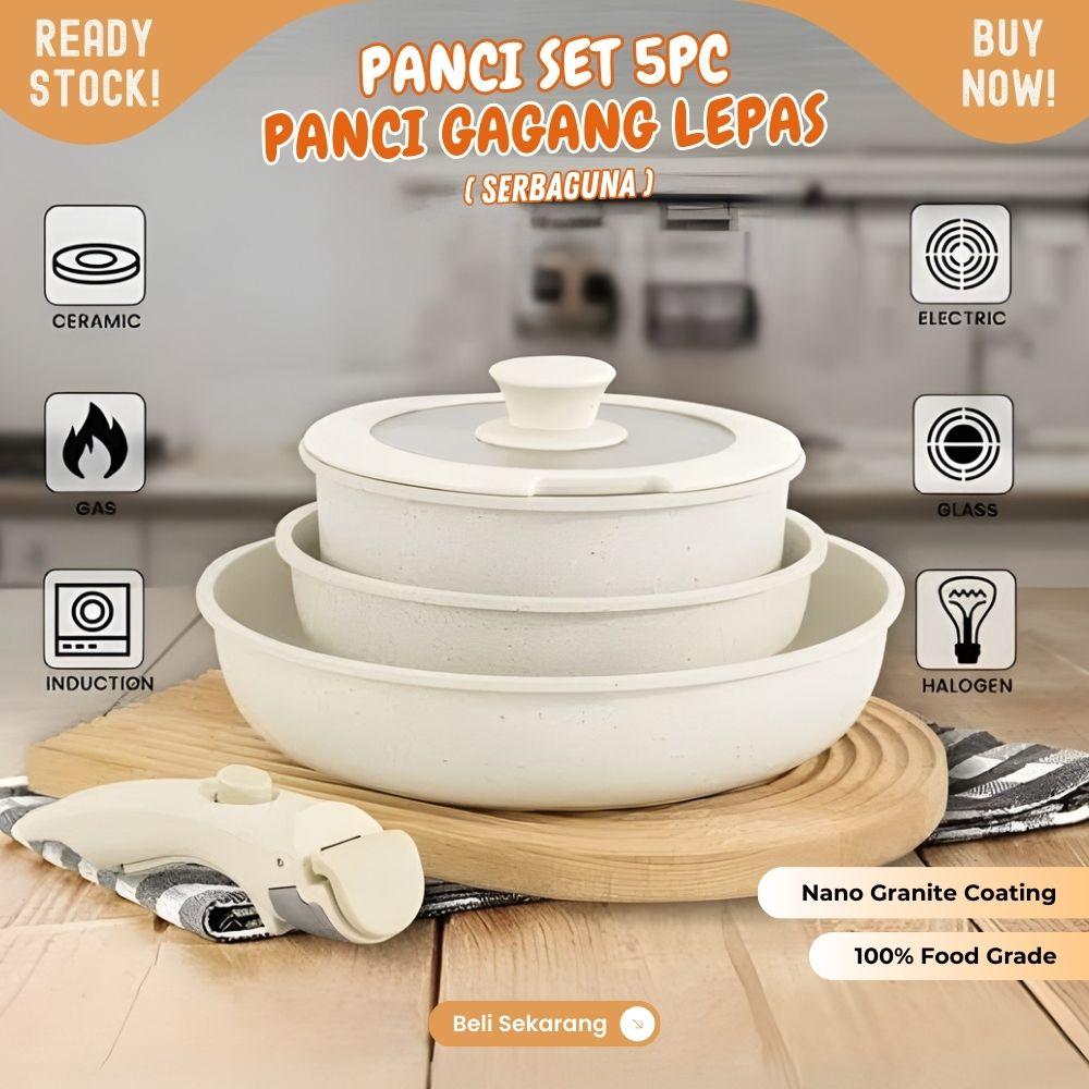 5 Pcs Set Wajan Nano Granite Panci Jumbo Anti Lengket Alat Masak Lengkap Cookware Penggorengan Peralatan Dapur dengan Fleible Gagang