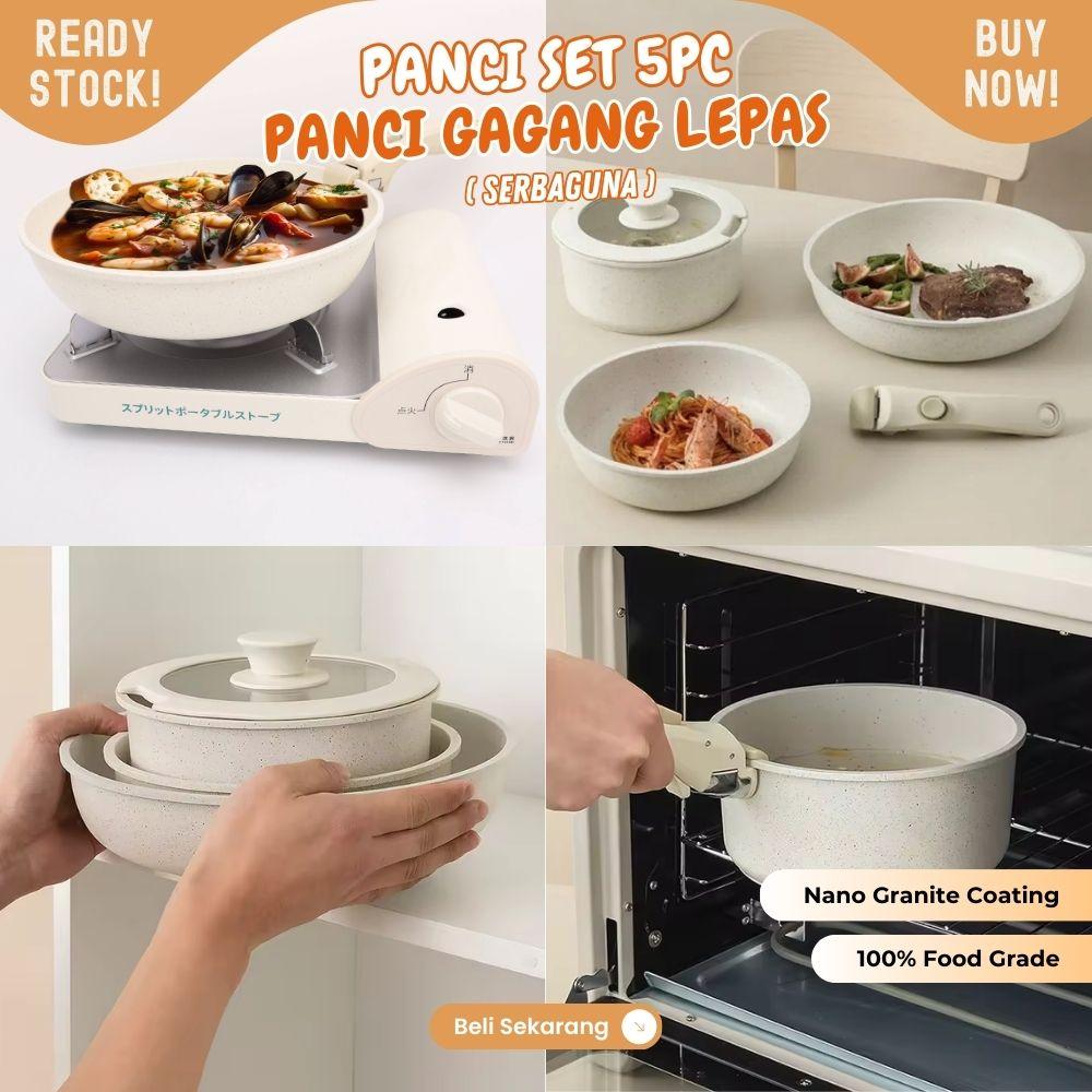 5 Pcs Set Wajan Nano Granite Panci Jumbo Anti Lengket Alat Masak Lengkap Cookware Penggorengan Peralatan Dapur dengan Fleible Gagang - Image 4