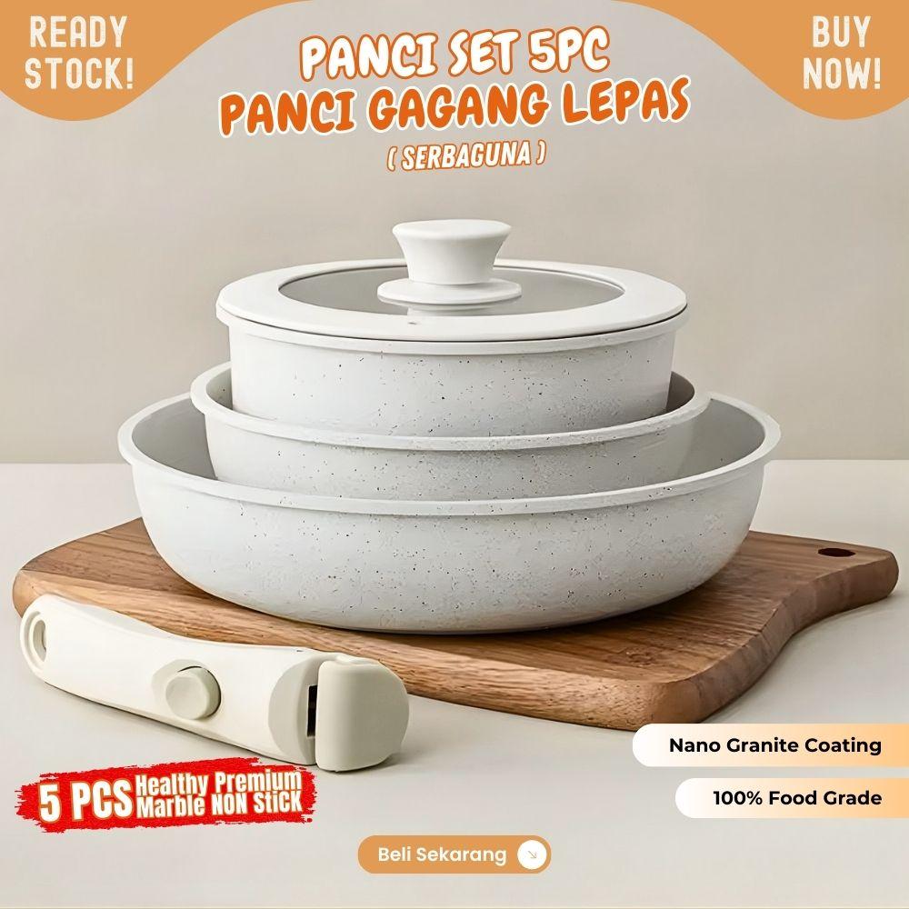 5 Pcs Set Wajan Nano Granite Panci Jumbo Anti Lengket Alat Masak Lengkap Cookware Penggorengan Peralatan Dapur dengan Fleible Gagang - Image 2