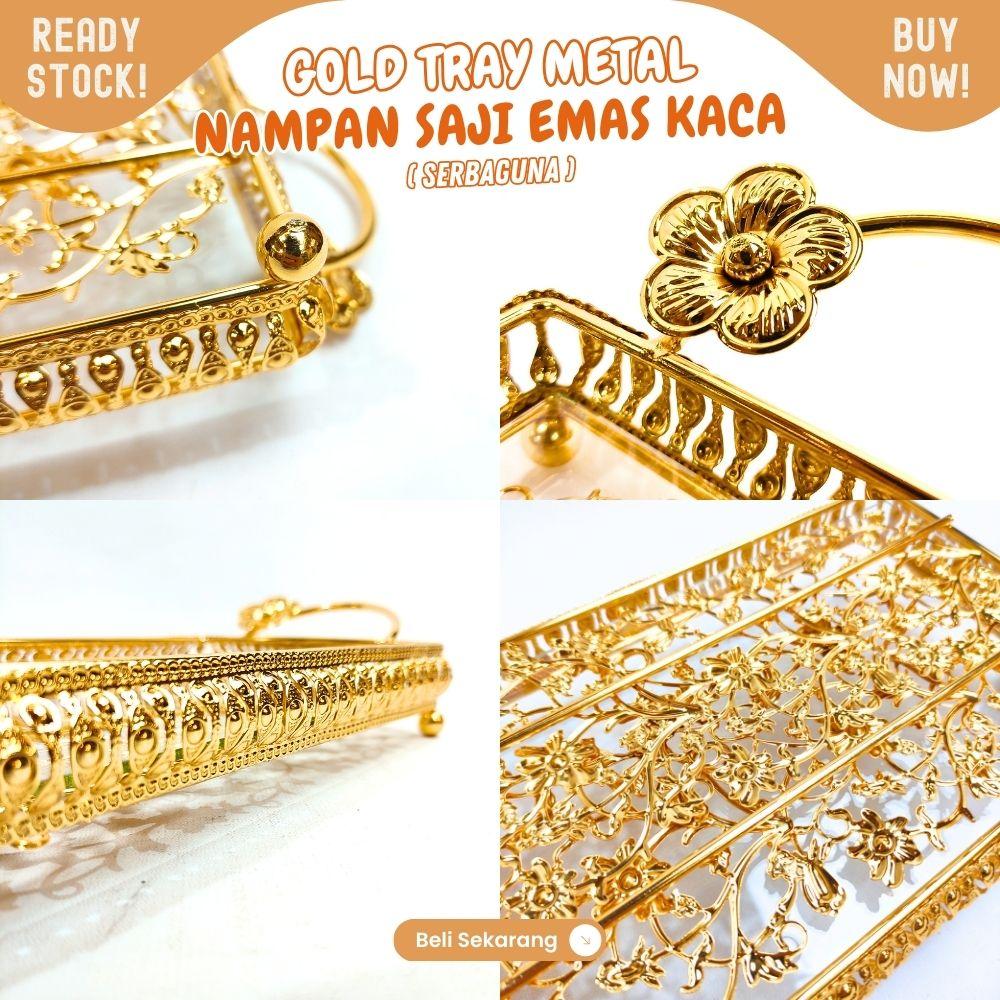 LUXURY nampan kaca Emas dengan handle tempat saji 30x15cm tempat sendok emas cocok untuk acara - Image 2
