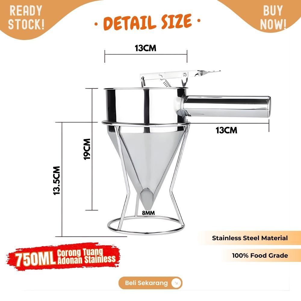 Batter Dispenser Funnel 750ml Corong Adonan Kue Takoyaki Dorayaki Pancake Dispenser Gelas Takar Penuang Stainless Steel dengan stand - Image 5