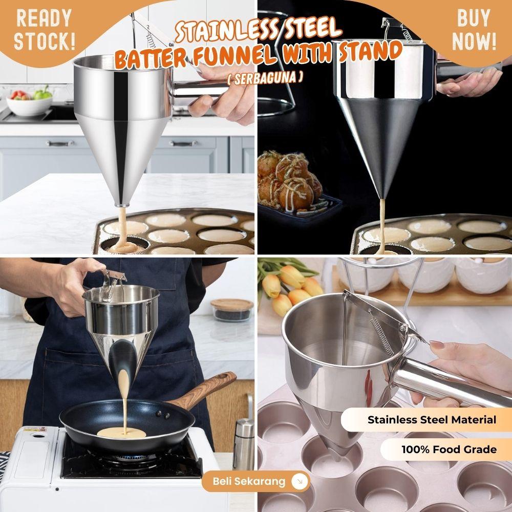 Batter Dispenser Funnel 750ml Corong Adonan Kue Takoyaki Dorayaki Pancake Dispenser Gelas Takar Penuang Stainless Steel dengan stand - Image 3