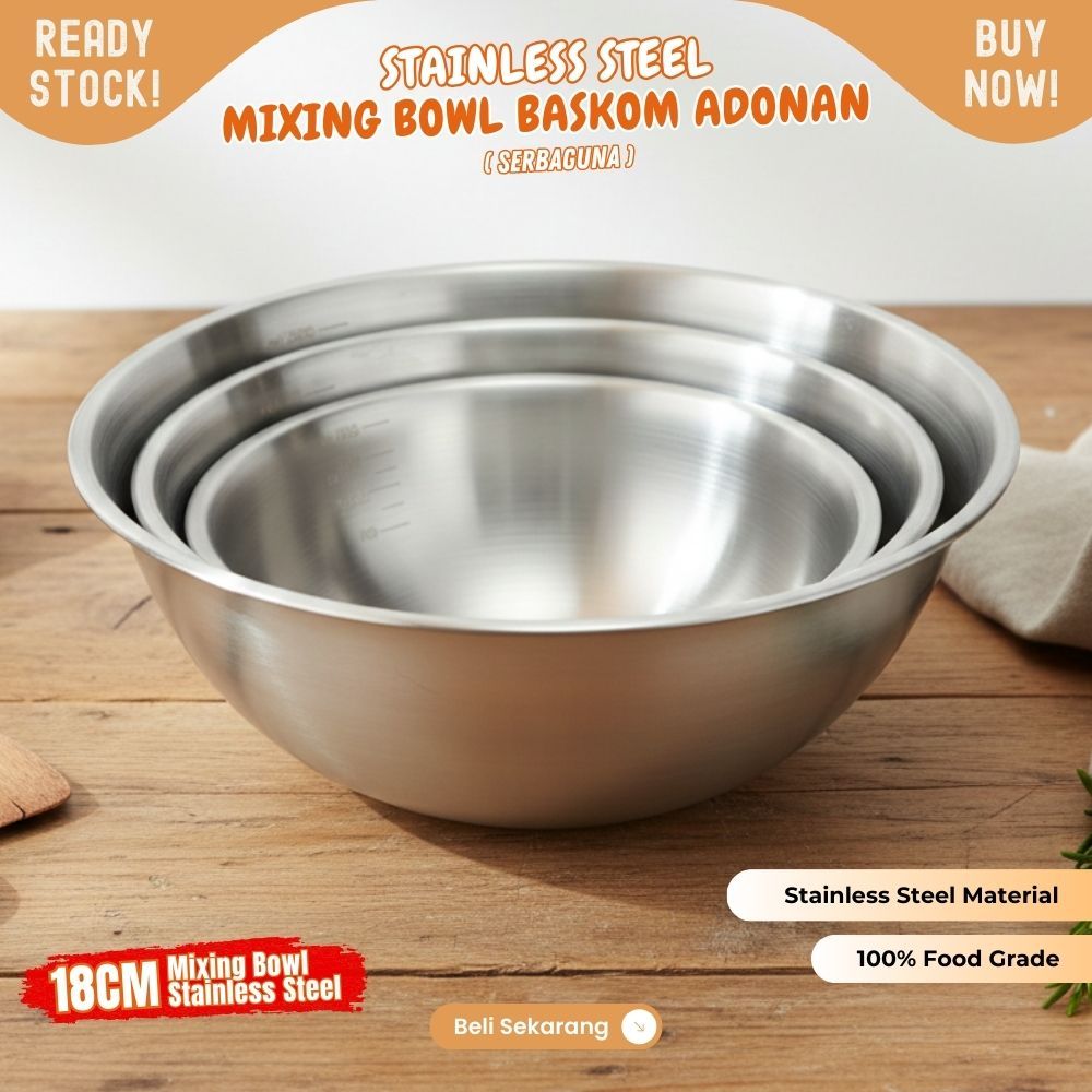 Baskom Stainless dengan garis ukur Mixing Bowl Stainless Steel utk membantu takaran di dalam mangkok